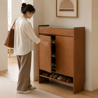 Cherry Wood Shoe Box, 90cm Width, Slim, Shoe Cabinet, No Assembly Required, Entryway Storage