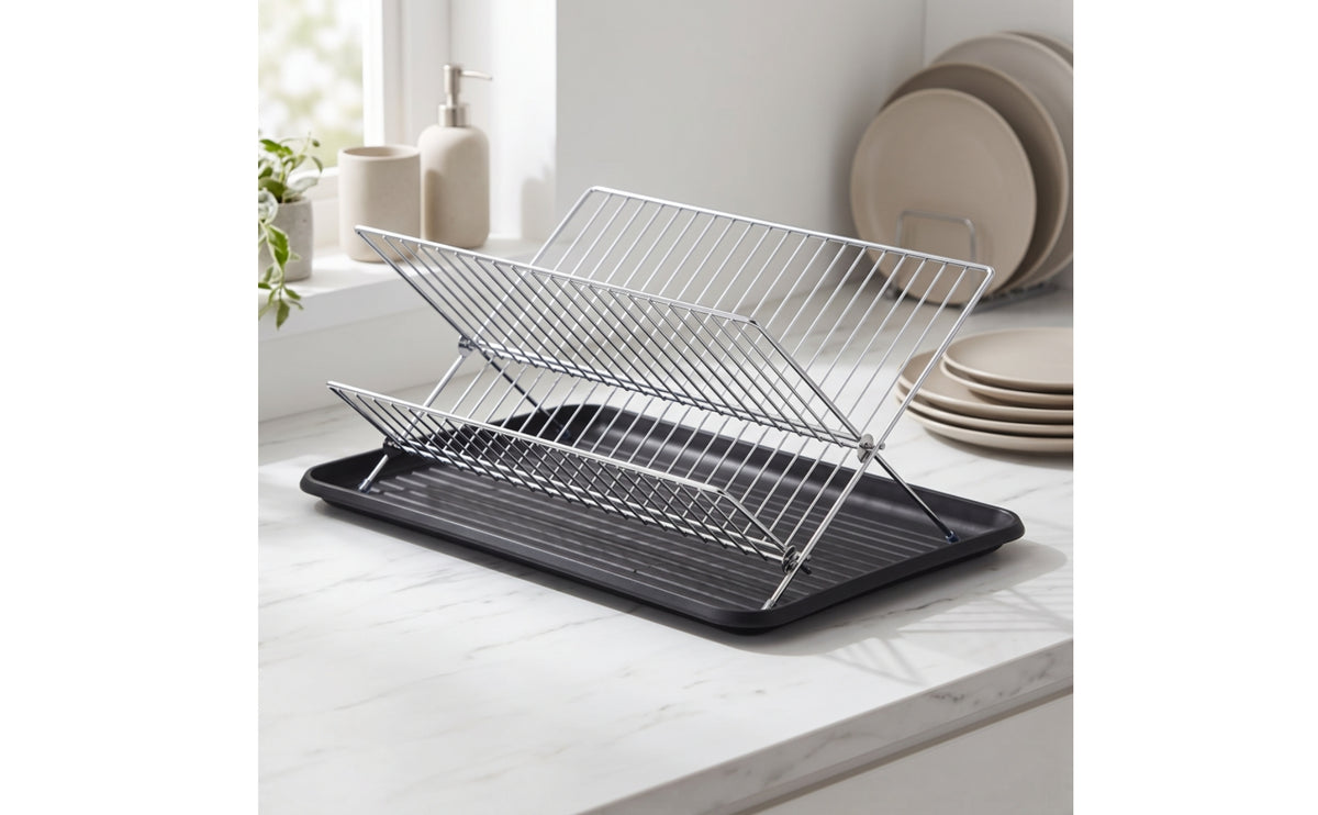 Dish Draining Rack with Drip Tray | Space-Saving, Countertop, Foldable Dish draining Rack, for Small Kitchen
