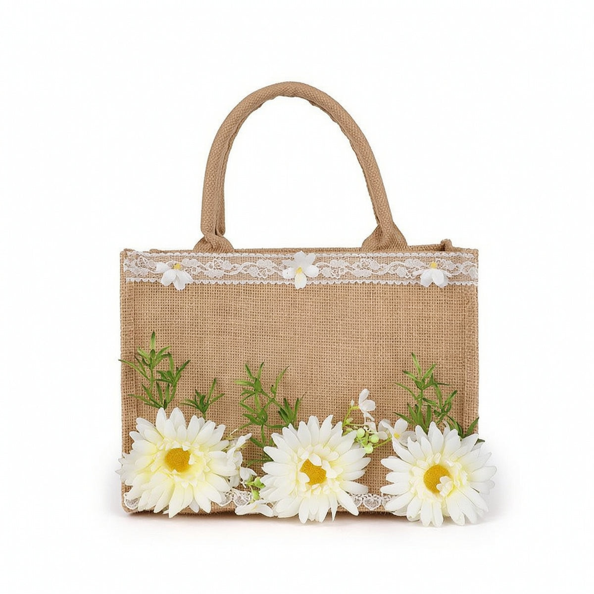 Textured Tote Bag with Floral Decoration Lightweight Tote Bag with Lace Trim Rustic Portable for Brides