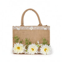 Textured Tote Bag with Floral Decoration Lightweight Tote Bag with Lace Trim Rustic Portable for Brides