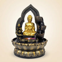 Black and Gold Fountain with Buddha Figure Textured Tabletop Water Fountain Small Zen-Style for Desk