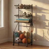 Sports Gear Organizer Storage Unit Carbon Steel Rolling Sports Rack Three-Tier Storage Rack Tall Ball Storage Storage Unit