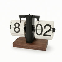 Flip Clock with Wood Base Matte Black Tabletop Timepiece Vintage for Minimalists