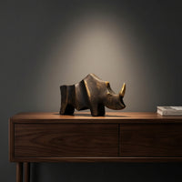 Rhinoceros Sculpture Geometric Rhino Statue Rustic Sculpture with Golden Horned for Bookshelf, Office, Living Room