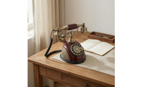 Burgundy-Red Vintage Rotary Telephone Gold-Tone Accents Decorative Tabletop Telephone Ornate Old Fashioned Corded Phone Coiled Cord