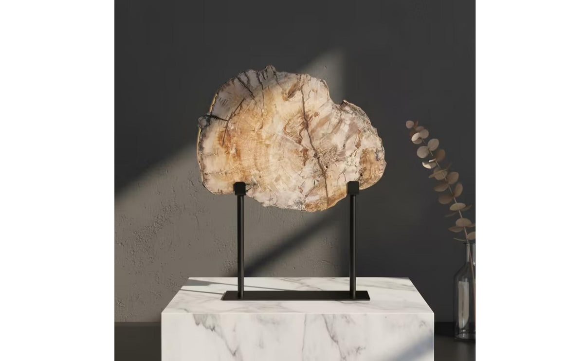 Stone Slice Ornament with Stand Organic Tabletop Sculpture with Metal Stand Rustic Elegance Decorative Stone Slice for Entryway, Living Room, Study