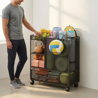 Wire-Grid Rolling Mesh Rack Freestanding Gym Storage Rack Large Capacity Exercise Mat Holder Space-Saving