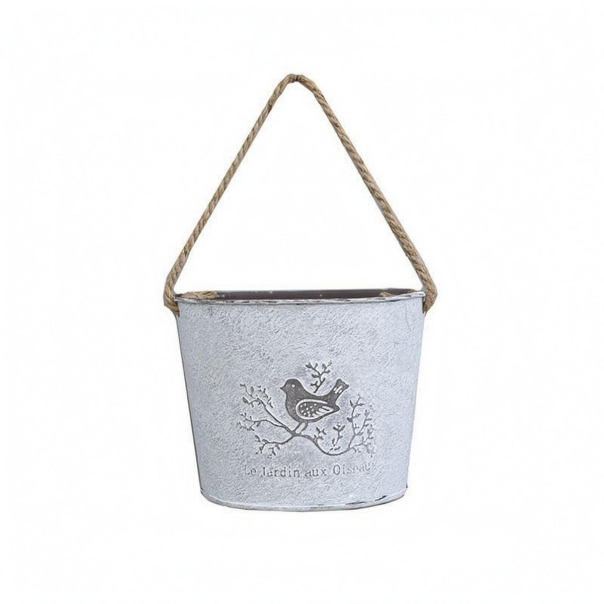 Distressed White Hanging Flower Pot Bird Motif Iron Flower Pot Rope Handle Metal Bucket Planter Printed Text