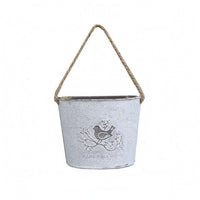 Distressed White Hanging Flower Pot Bird Motif Iron Flower Pot Rope Handle Metal Bucket Planter Printed Text