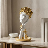 Floral Headdress Decorative Face Figurine Gold Finish Abstract Face Statue Resin Tray Base Sculpture Butterfly Accents