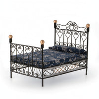 Dollhouse Double Bed Textile Miniature Bed with Mattress Striped Dollhouse Bedding for Collectors