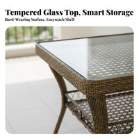 Minimalist Design Square Woven End Table with Glass Top Space-Saving Wicker Stand with Glass Top Weather-Resistant exteriordoor Furniture Easy to Clean for Apartment Dwellers, Homeowners, Adults, Balcony, Patio, Garden, Teahouse