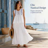 Matisse's Coast French Vintage Nautical Embroidered Floral Two-Piece Set for Women