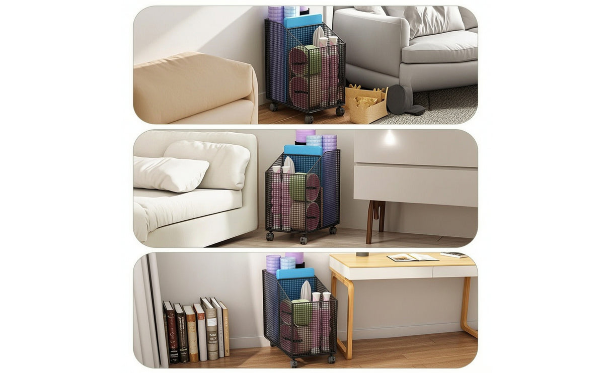 Fitness Mat Storage Cart Fitness Exercise Gear Holder with Wheels Metal Mesh Storage Basket with Wheels for Home Gym, Bedroom, Living Room