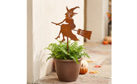 Rusted Witch Stake with Broom Metal Witch Silhouette Halloween Ornament Spooky for Garden, Lawn, Flower Bed