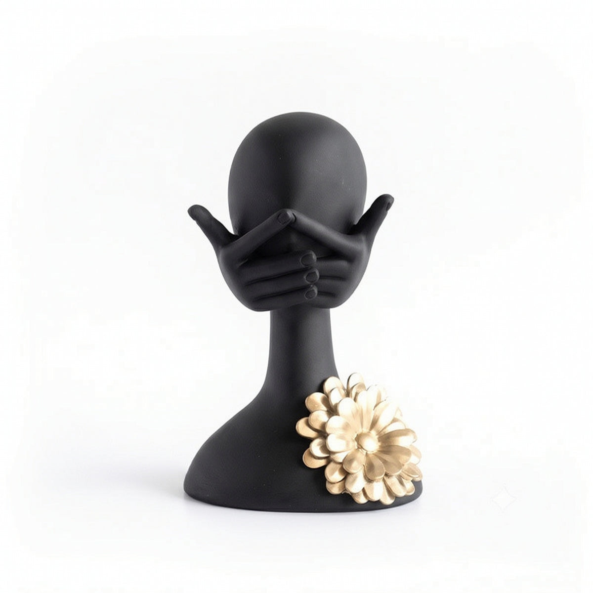 Sculpture with Flower Matte Black Human Bust Modern for Bookshelf
