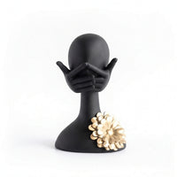 Sculpture with Flower Matte Black Human Bust Modern for Bookshelf