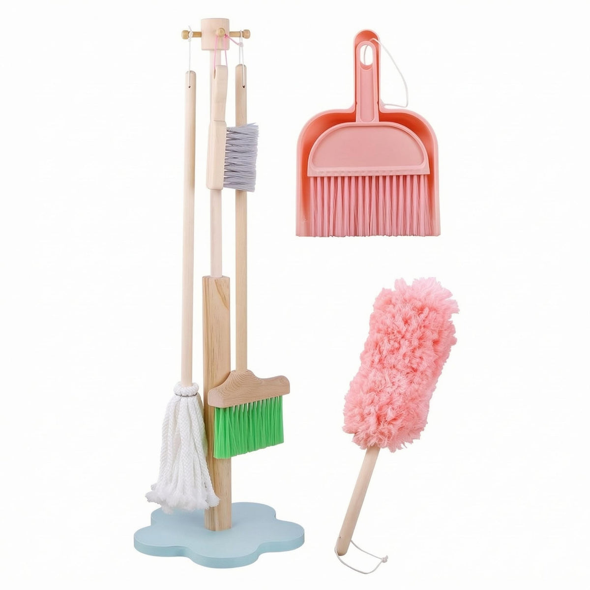 6 Pieces Wooden Cleaning Toy Set Easy to Storage Pretend Play Kit Skill-Building