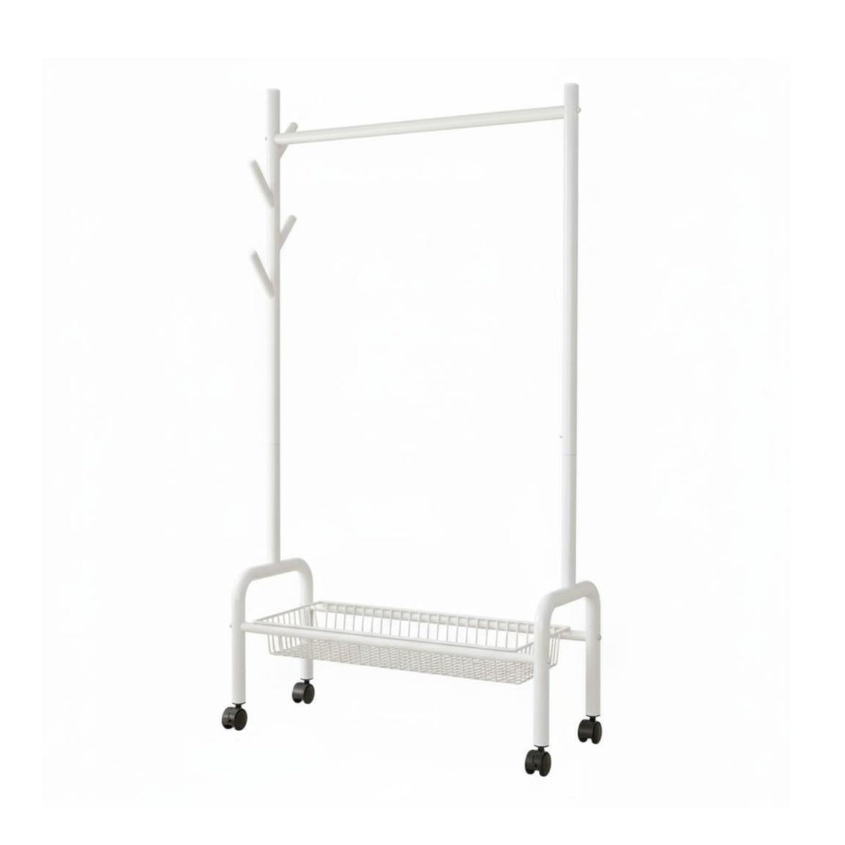 Nordic design Mobile Clothes Rack with Storage Baskets Portable on casters Wheeled Clothes Valet with Basket Space-Saving Garment Stand Multifunctional for Apartment Dwellers, Students, Homeowners, Bedroom, Entryway, Small Apartments, Laundry Room