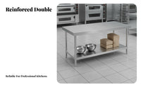 High Load Capacity Stainless Steel Work Table Easy to Clean Commercial Kitchen Prep Table Large Workspace Food Prep Workbench Stable Structure for Butchers, Restaurant Team, Bakery, Warehouse, Laundry Room, Outdoor