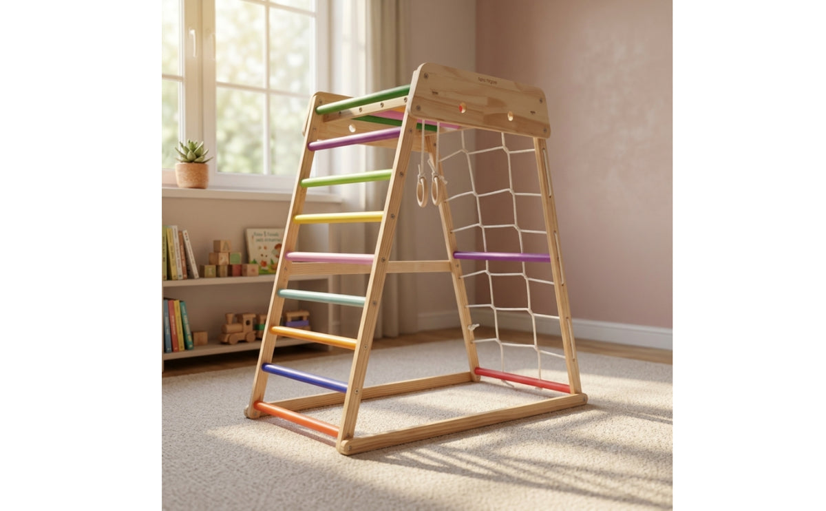 Wooden Climbing Frame with Cord Climbing Net Freestanding Wooden Climbing Arch Play Structure Wood Indoor Climbing Gym for Young Children, Kids