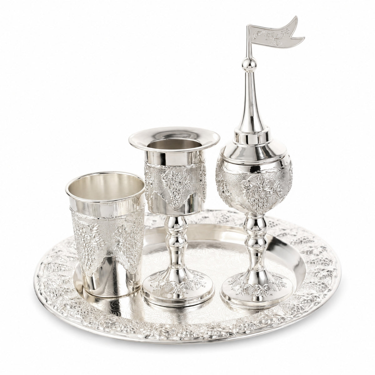 4 Pieces Beverage Service with Tray Metal Beverage Pot with Cups Vintage