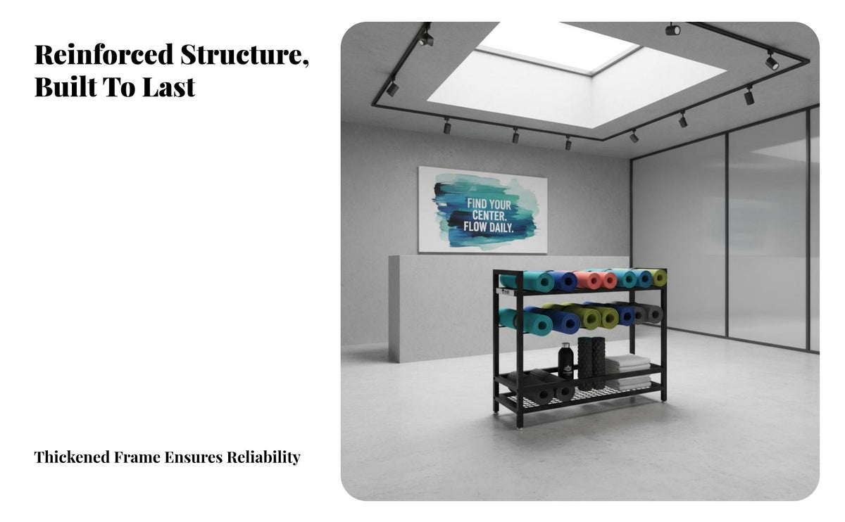 Space-Saving Exercise Mat Storage Rack Large Capacity Pilates Mat Organizer Easy Assembly Foam Roller Holder Stable Design for Fitness Center