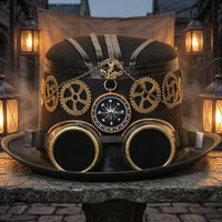 Brass-Tone Gears Steampunk Top Hat Wide Brim Victorian Steampunk Hat Decorative Band Costume Accessory Structured Crown for Stage Performance, Theater