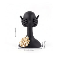 Sculpture with Flower Matte Black Human Bust Modern for Bookshelf