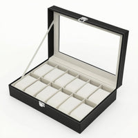 Leather Watch Display Case Velvet-Lined Watch Box with Glass Lid Dustproof Sturdy for Collectors, Dresser, Closet