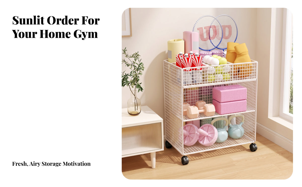 Space-Saving Metal Mesh Storage Rack | Front-Facing Open Design, 3-Tier Storage Rack, for Home Gym