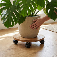 Round Wooden Plant Caddy with Wheels and Brakes, Heavy Duty Rolling Planter Stand for Indoor/Outdoor Use