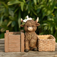 Scottish Cattle Planter Farmhouse-Style Cow Planter with Two Baskets Rustic Patio Statue for Balcony