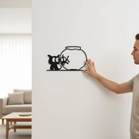 Cute Design Cat and Fishbowl Wall Art Easy Installation Metal Cat Wall Decor Lightweight for Bedroom, Entryway