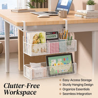 Office Desk Hanging Basket with Adjustable Iron Frame for Storage, Shelf Organizer with Hooks for Home Workers, No Drill Installation