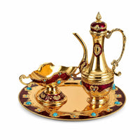 Turquoise Accents Gold-Toned Tableware Round Metal Tray Vintage Teapot Set with Tray