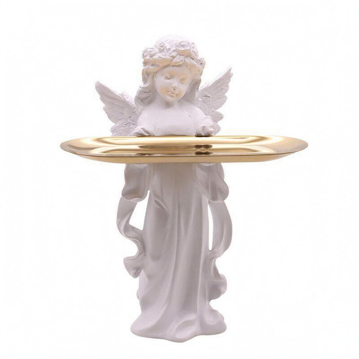 Praying Angel Figurine White Finish Angel Tray Holder Small Item Tray Statue Gold Toned Tabletop