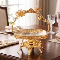 Ornate Fruit Basket with Handle Gold-Colored Decorative Tray with Handle Multi-Purpose Basket Tray with Handles Versatile for Hosts, Dining Table