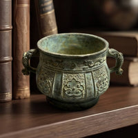 Antique Decorative Goblet Footed Vessel with Handles Embossed for Shelf, Tea Room