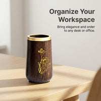 Pen Organiser for Desk Organization, Solid Ebony Wooden Pencil Pot Stationery Holder, Round Desktop Storage for Students and Offices