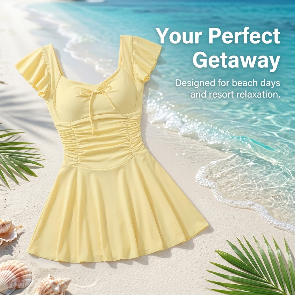 Swimsuit for Girls, One-Piece Monokini with Short Sleeve and Padded Chest, great for Water Sports & Seaside Vacations, Modest Skirted Design for Women