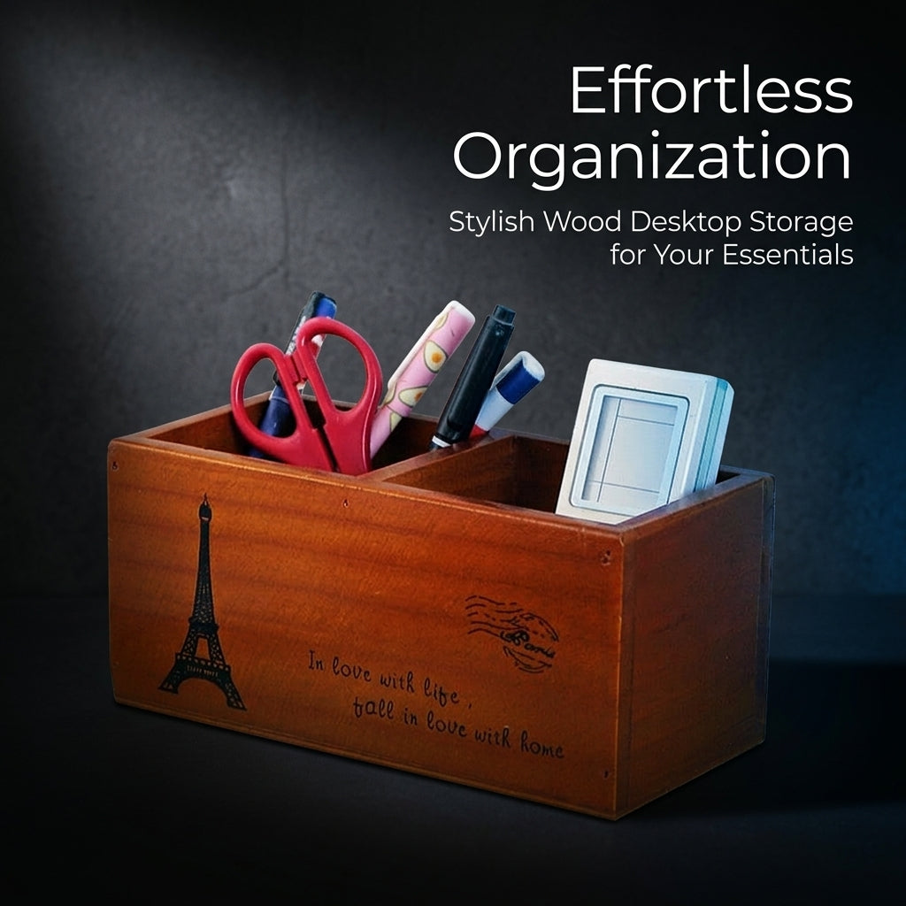 Wooden Desk Organizer with Dividers, Vintage Pine Wood Desktop Storage for Students, Pencil Cup Holder, Cosmetic Brush Box