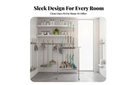 Stainless Steel Frame Mobile Mop and Broom Holder Water Water-Collecting Tray Mop Rack with Wheels Rust-Unrestricted Freestanding Broom Organizer Rack Sturdy Construction for Janitors, Laundry Room, School, Office, Basement