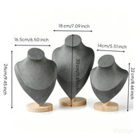 3 Pieces Suede-Covered Necklace Display Bust Countertop Jewelry Display with Wooden Base Elegant Necklace Bust Stand Sturdy for Photographers