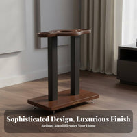 Non-Slip Rubber Feet Floor Speaker Stand Secure Fit Grooves Anti-Vibration Speaker Platform Faux Wood Finish Double-Pillar Audio Stand Safe Rounded Corners for Audiophiles, Living Room, Home Office