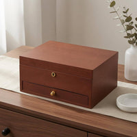 Rosewood Grain Wooden Jewelry Box Lock and Key Lockable Jewelry Box Gold-Tone Pulls Home Storage Hinged Lid