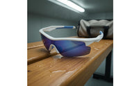 Close-Fitting Mirrored Visor Sunglasses Blue Accents Curved-Around Sports Sunglasses Lightweight Athletic Curved-Around Shades for Cycling, Training, Skating