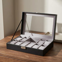 PU Leather Exterior Watch and Jewelry Box Transparent Window Jewelry Watch Box Metal Latch Band Holder Slots
