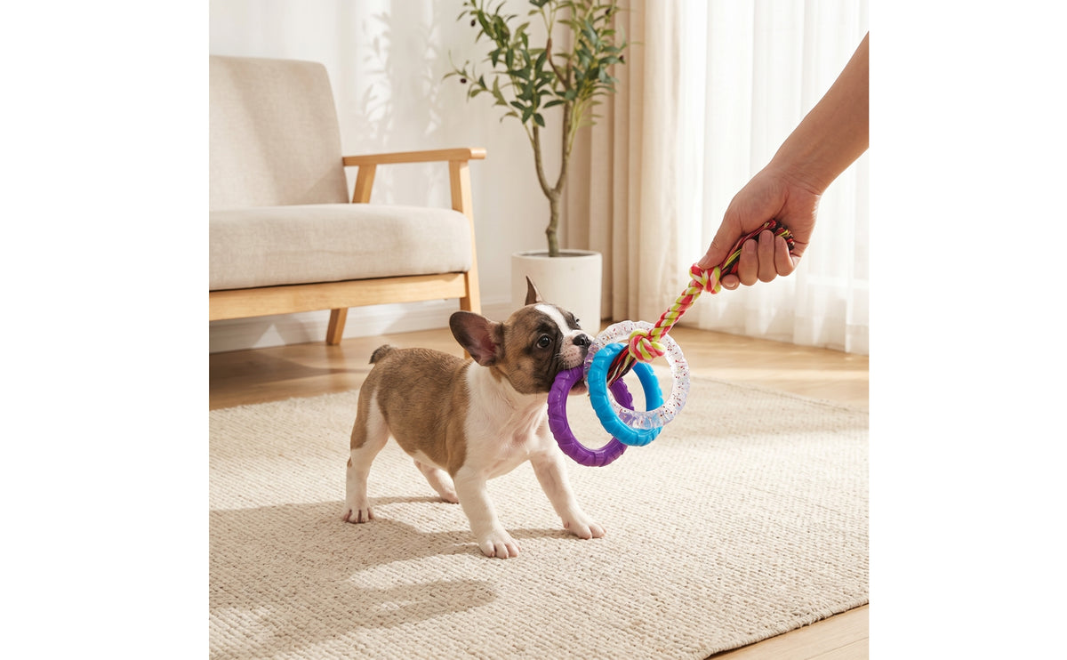 Interlocking Ring Toy with Rope Rubber Ring and Rope Tug Toy Interactive for Dogs, Young Dogs, Chewing, Indoor Play, Training