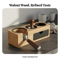 Wooden Espresso Pressing Station Compact Design Walnut-Toned Coffee Pressing Block Universal Fit Solid Wood Portafilter Stand for Home Baristas, Cafe